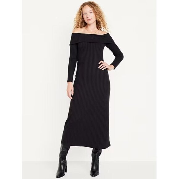 OLD NAVY by Gap Off-The-Shoulder Rib Knit Maxi‎ Dress Stretch Long Black Medium - Picture 1 of 11